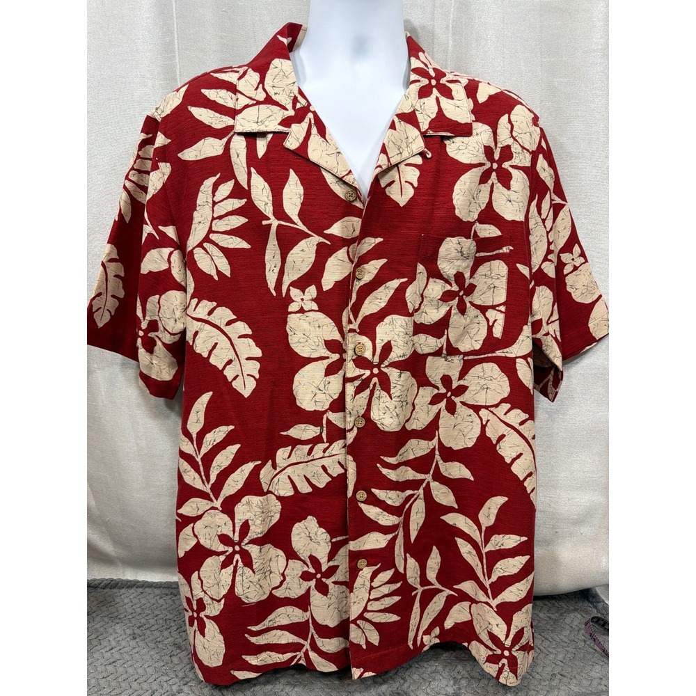 Batik Bay Mens Large Red Silk Tropical Floral Short Sleeve Button Down Shirt